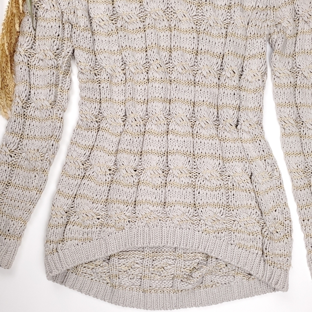 Karlie Tan Gold Striped Cable Knit Long Sweater Sz S - Picture 5 of 16